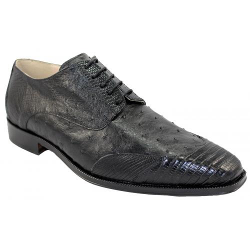 Fennix Italy 4179 Black Genuine Lizard / Ostrich Lace-Up Shoes.